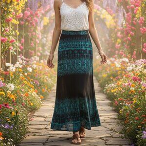 Women's XS Maxi Skirt Teal Black Boho Tribal Festival Ethnic Funky 70s Indie Mod